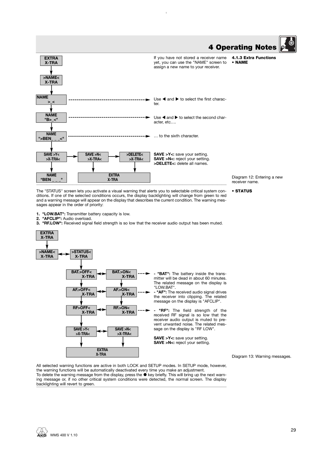 AKG Acoustics WMS 400 user manual Extra X-TRA Name, Extra Functions 