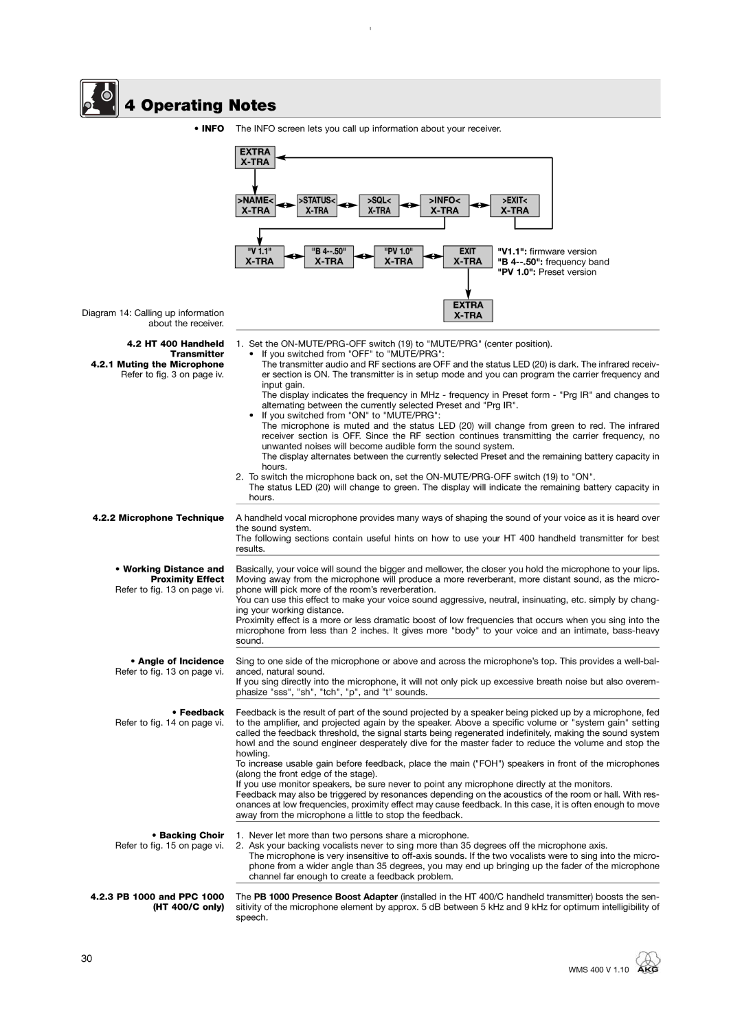 AKG Acoustics WMS 400 user manual V1.1 firmware version, PV 1.0 Preset version, Muting the Microphone 