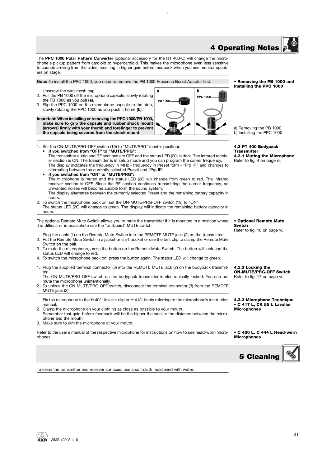 AKG Acoustics WMS 400 user manual Cleaning 