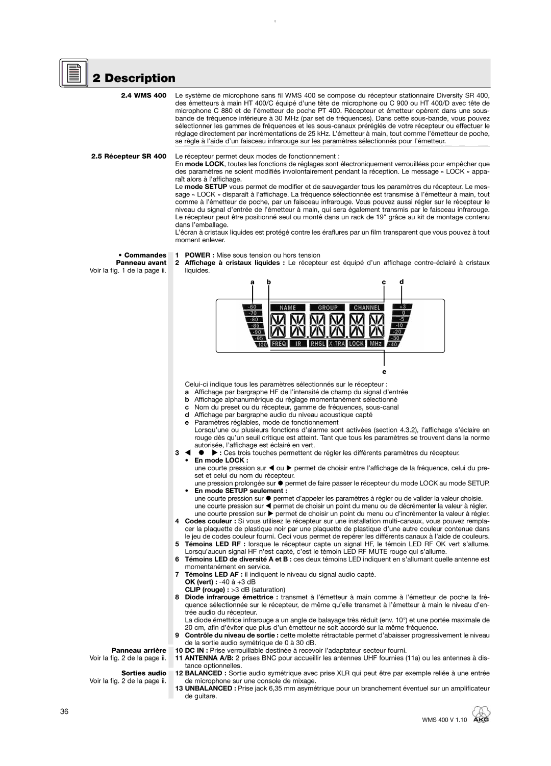 AKG Acoustics WMS 400 user manual En mode Lock, En mode Setup seulement, OK vert -40 à +3 dB 