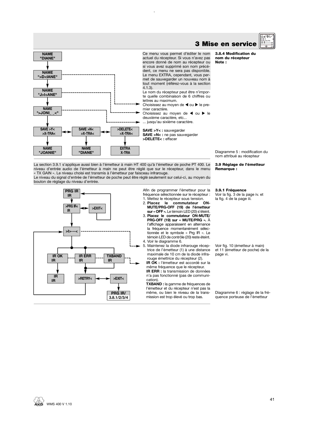 AKG Acoustics WMS 400 Modification du, Nom du récepteur, Save N ne pas sauvegarder, Delete effacer, Placez Commutateur 