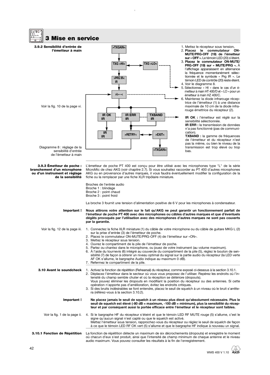 AKG Acoustics WMS 400 user manual Sensibilité d’entrée de, ’émetteur à main, Placez le commutateur ON-MUTE 