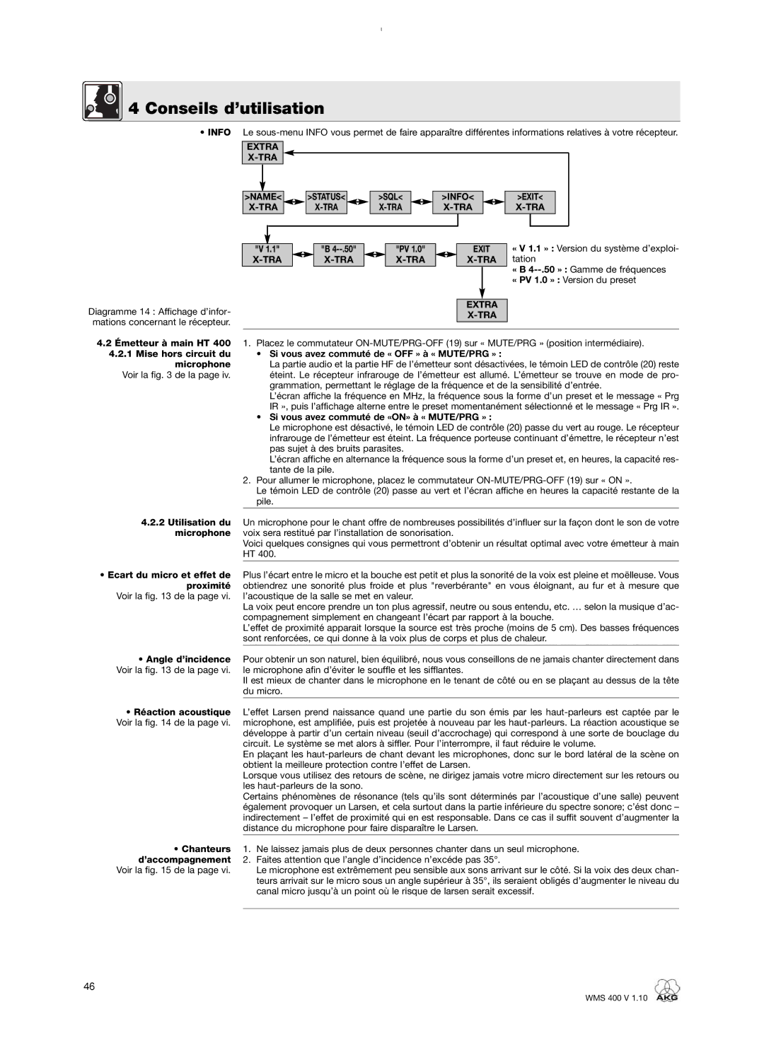 AKG Acoustics WMS 400 user manual Exit TRA, Si vous avez commuté de «ON» à « MUTE/PRG » 