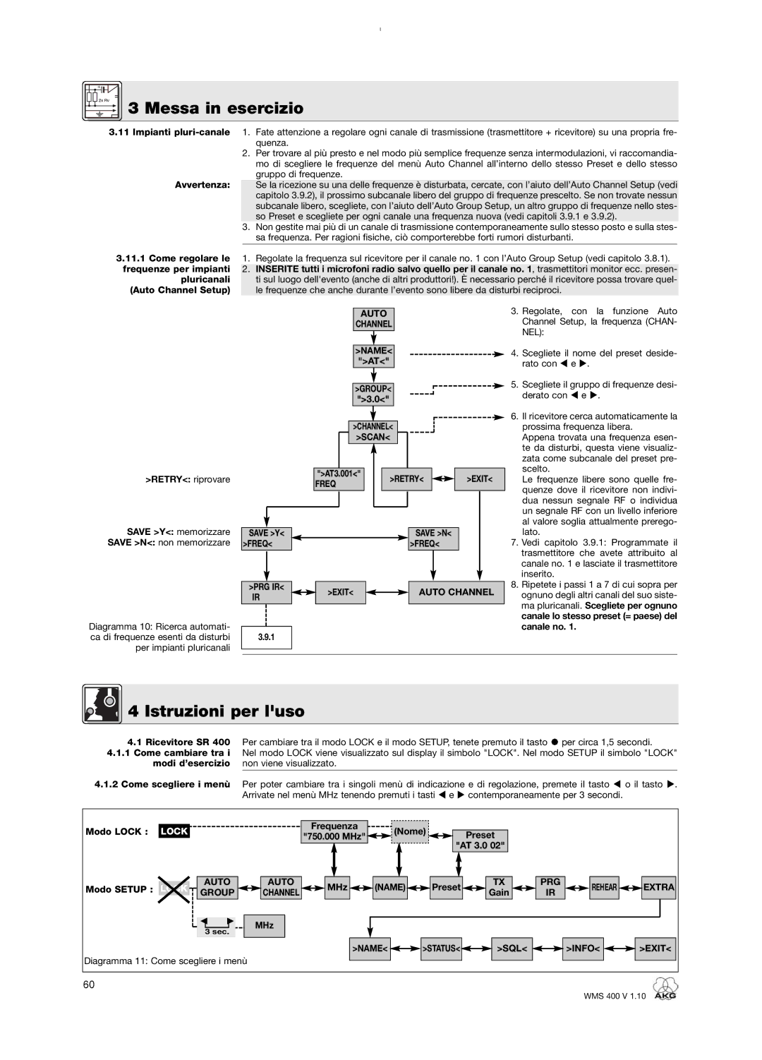 AKG Acoustics WMS 400 user manual Istruzioni per luso, AT 3.0 Modo Setup, Diagramma 11 Come scegliere i menù 