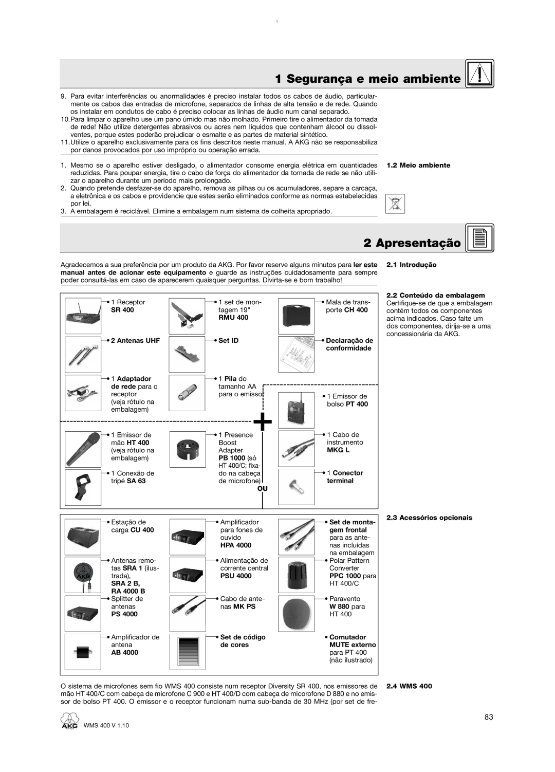 AKG Acoustics WMS 400 user manual Apresentação, RMU Set ID, Set de código de cores, Acessórios opcionais 