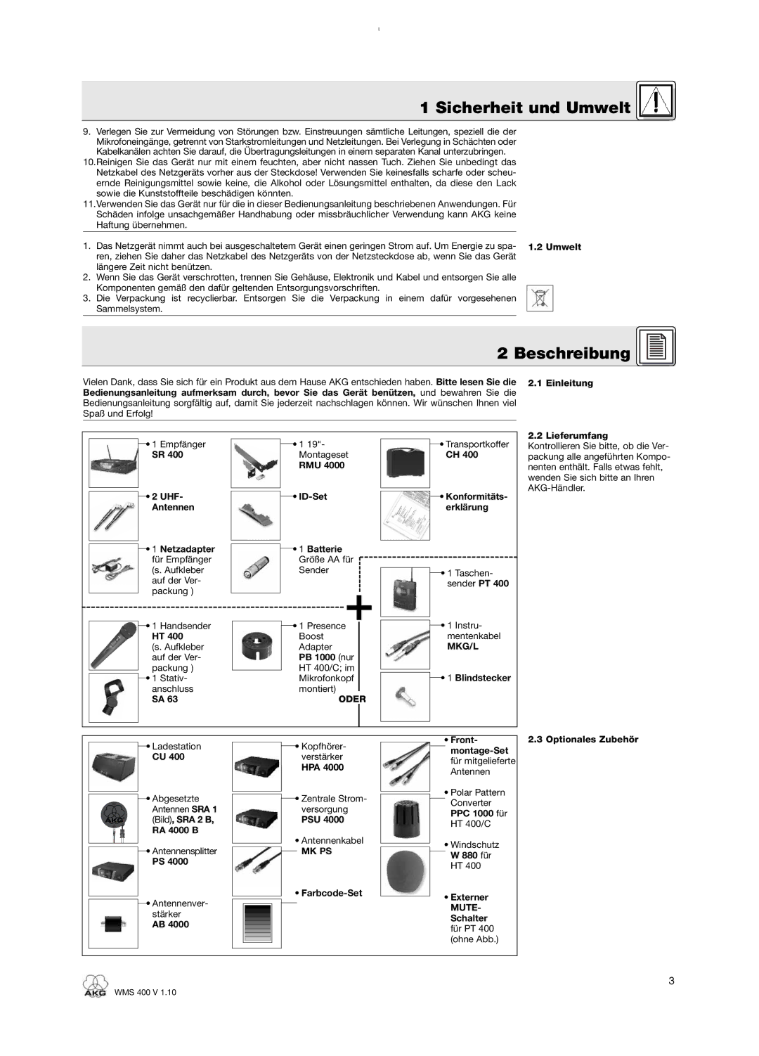 AKG Acoustics WMS 400 user manual Beschreibung, Oder, Mkg/L, Mk Ps 