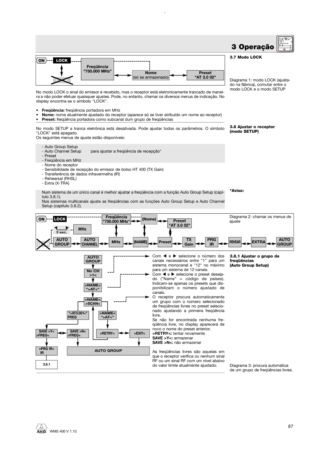 AKG Acoustics WMS 400 user manual Ajustar o receptor modo Setup Aviso, Ajustar o grupo de, Freqüências, Save Y armazenar 