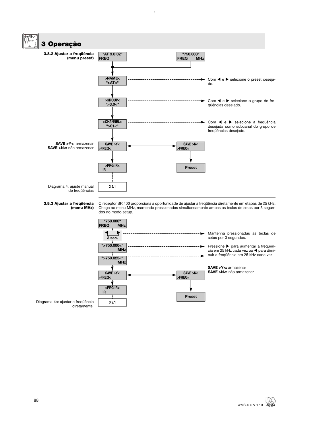 AKG Acoustics WMS 400 user manual AT 3.0, Preset 3Ajustar a freqüência menu MHz 