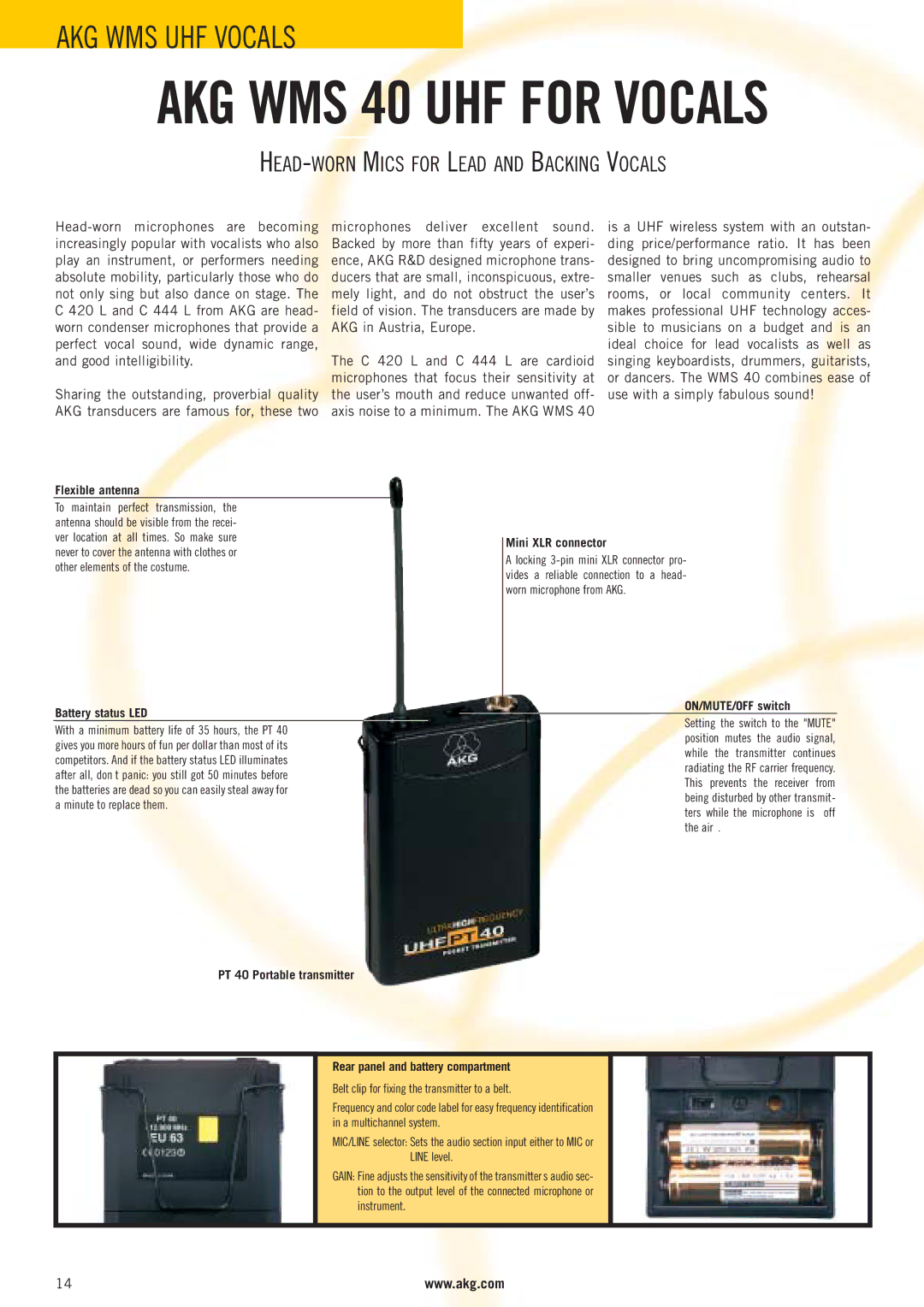 AKG Acoustics WMS 40 HEAD-WORN Mics for Lead and Backing Vocals, Flexible antenna, Rear panel and battery compartment 