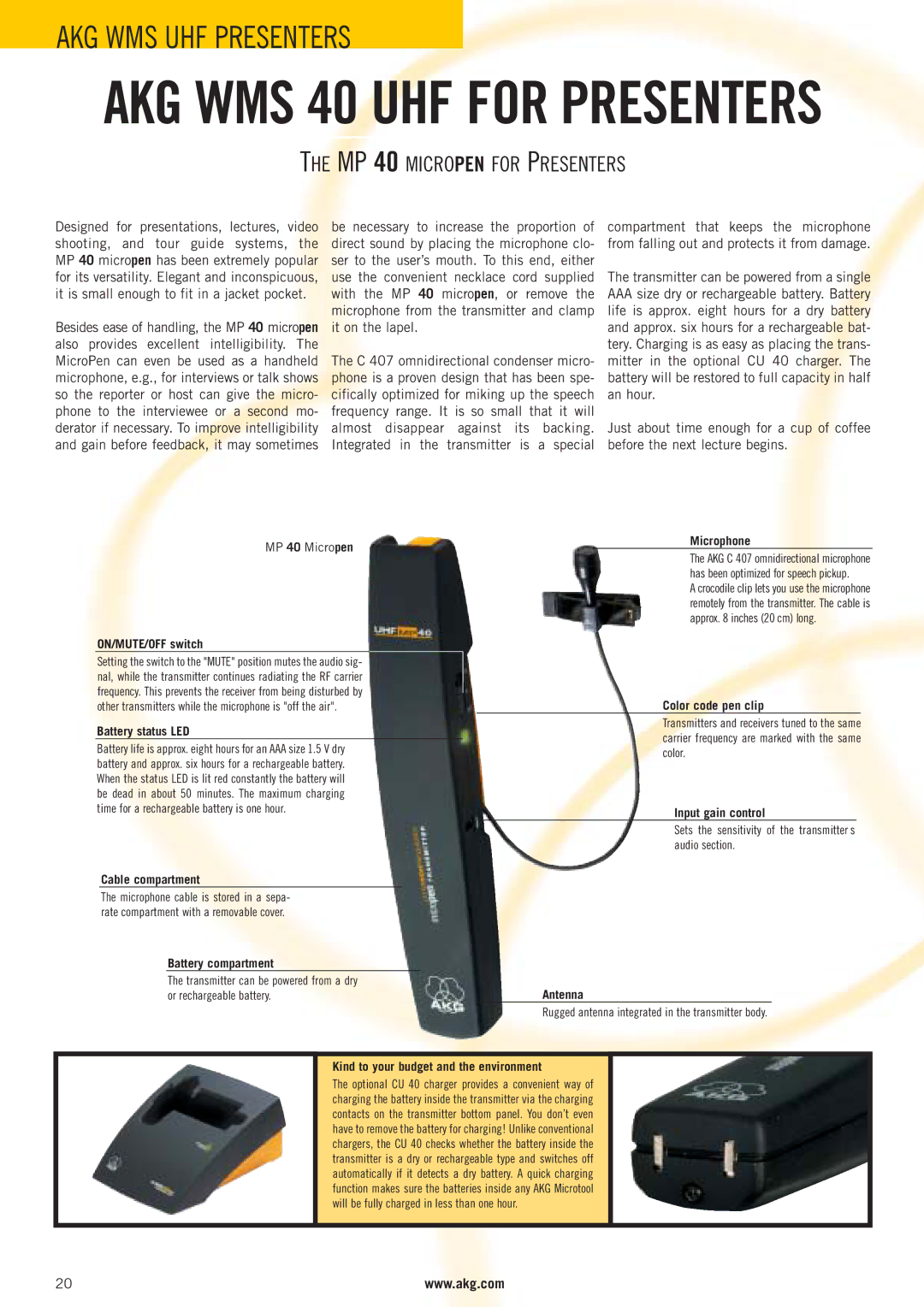 AKG Acoustics WMS 4000 manual MP 40 Micropen for Presenters, Cable compartment, Microphone, Color code pen clip 