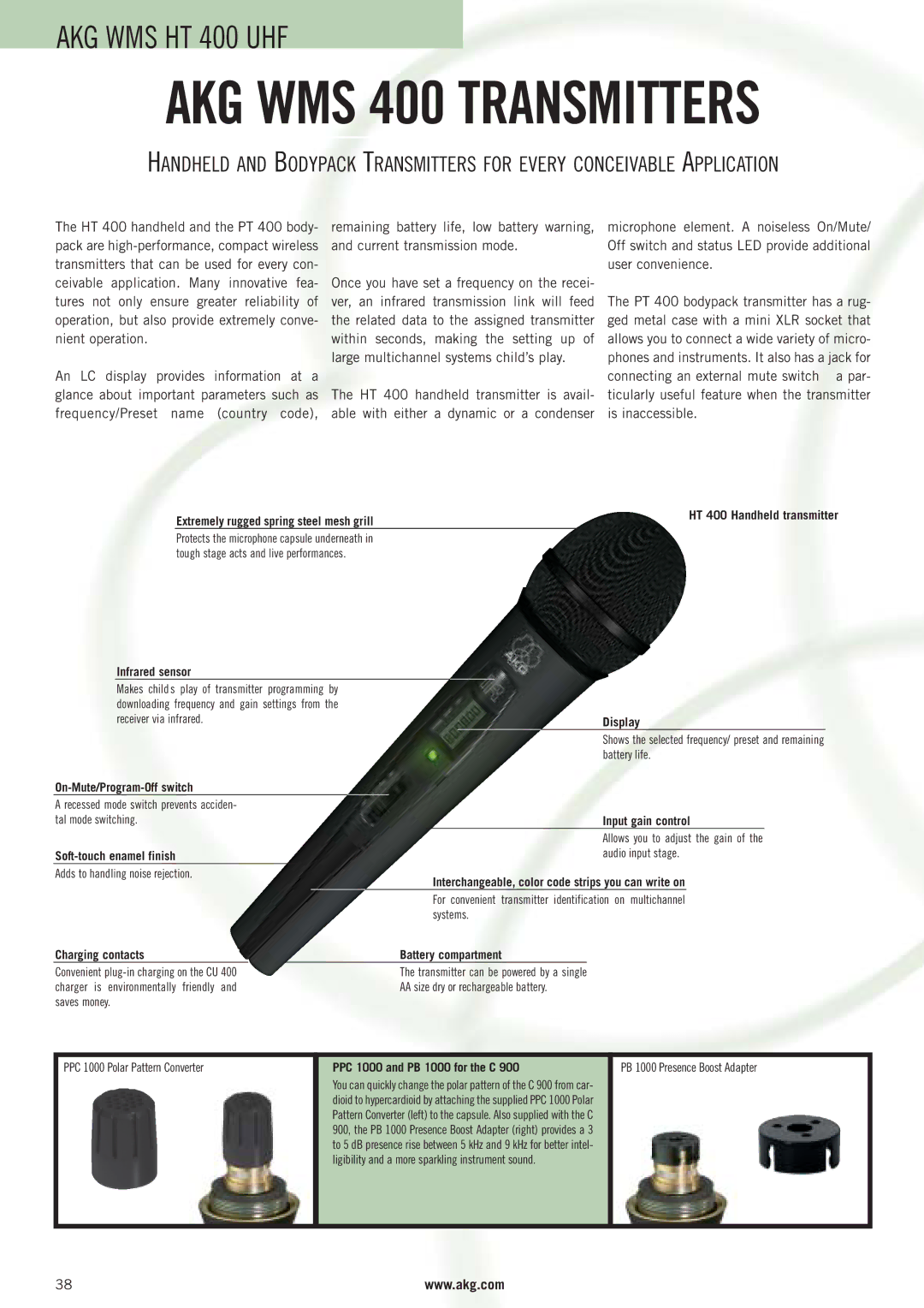 AKG Acoustics WMS 40 manual Extremely rugged spring steel mesh grill, Infrared sensor, HT 400 Handheld transmitter Display 