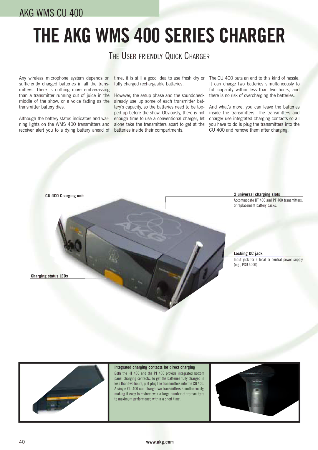 AKG Acoustics WMS 4000 User Friendly Quick Charger, Locking DC jack, Integrated charging contacts for direct charging 