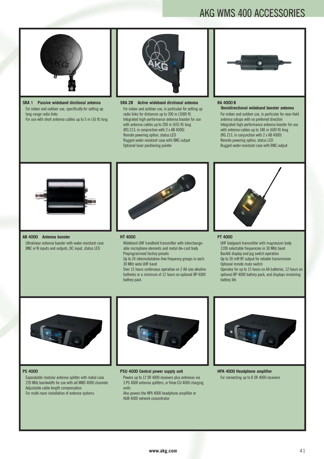 AKG Acoustics WMS 4000 manual AB 4000 Antenna booster, PSU 4000 Central power supply unit, HPA 4000 Headphone amplifier 