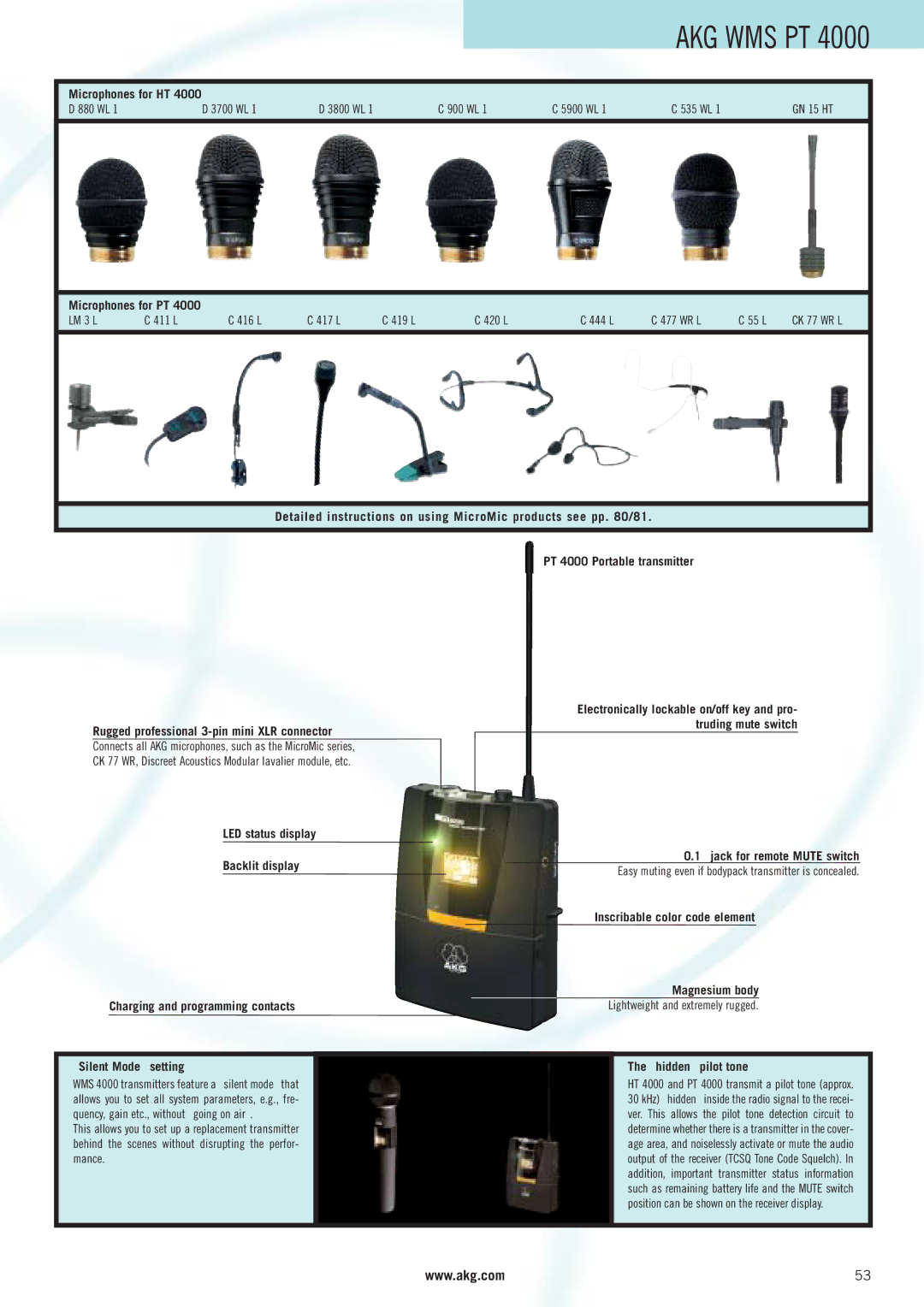 AKG Acoustics WMS 40 manual Jack for remote Mute switch, Inscribable color code element Magnesium body, Silent Mode setting 