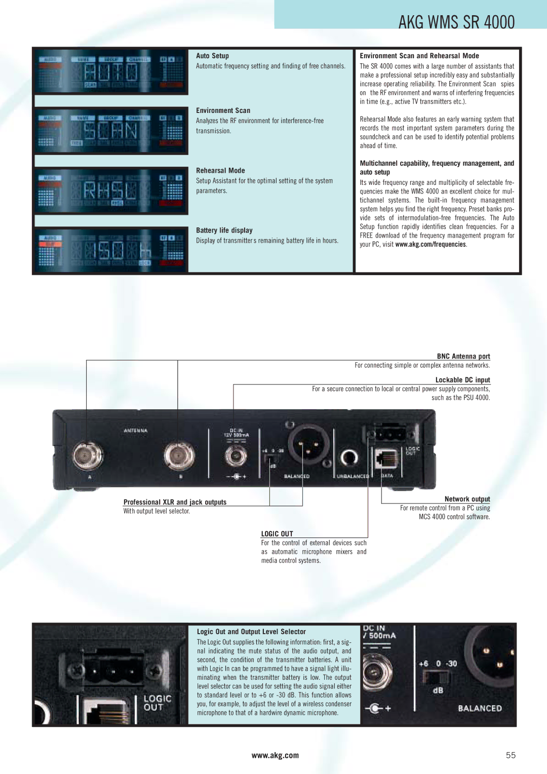 AKG Acoustics WMS 4000 Battery life display, Environment Scan and Rehearsal Mode, Professional XLR and jack outputs 