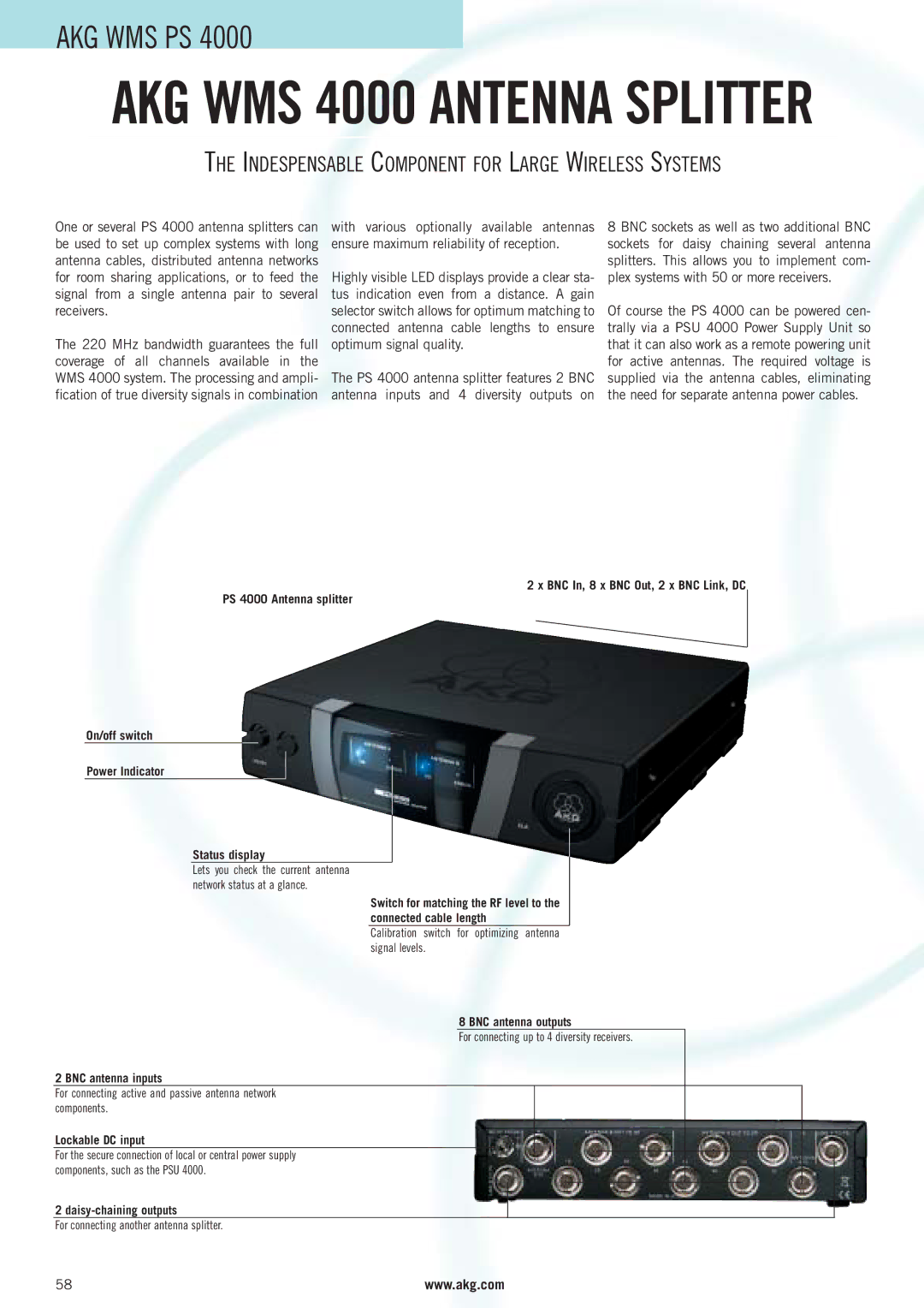 AKG Acoustics WMS 4000 manual BNC antenna outputs, BNC antenna inputs, Daisy-chaining outputs 