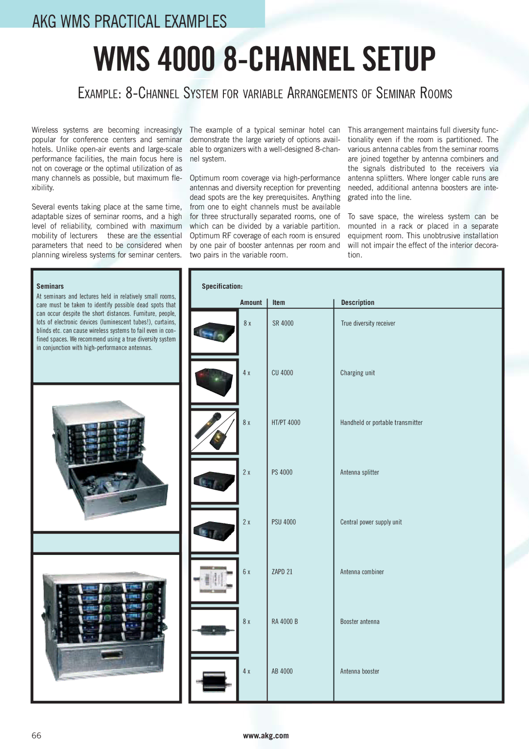 AKG Acoustics WMS 4000 manual Seminars, Specification Amount Description 