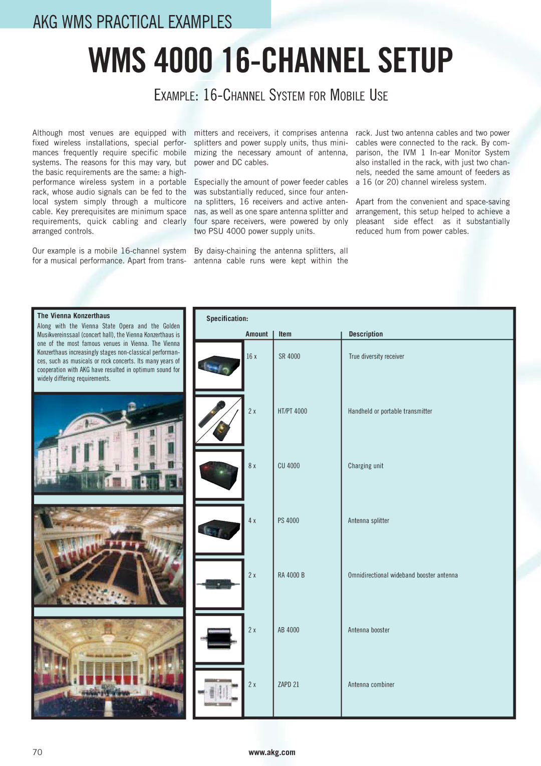 AKG Acoustics WMS 4000 manual Example 16-CHANNEL System for Mobile USE, Vienna Konzerthaus 