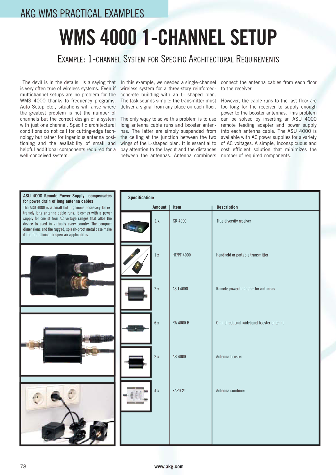 AKG Acoustics manual WMS 4000 1-CHANNEL Setup, Specification 