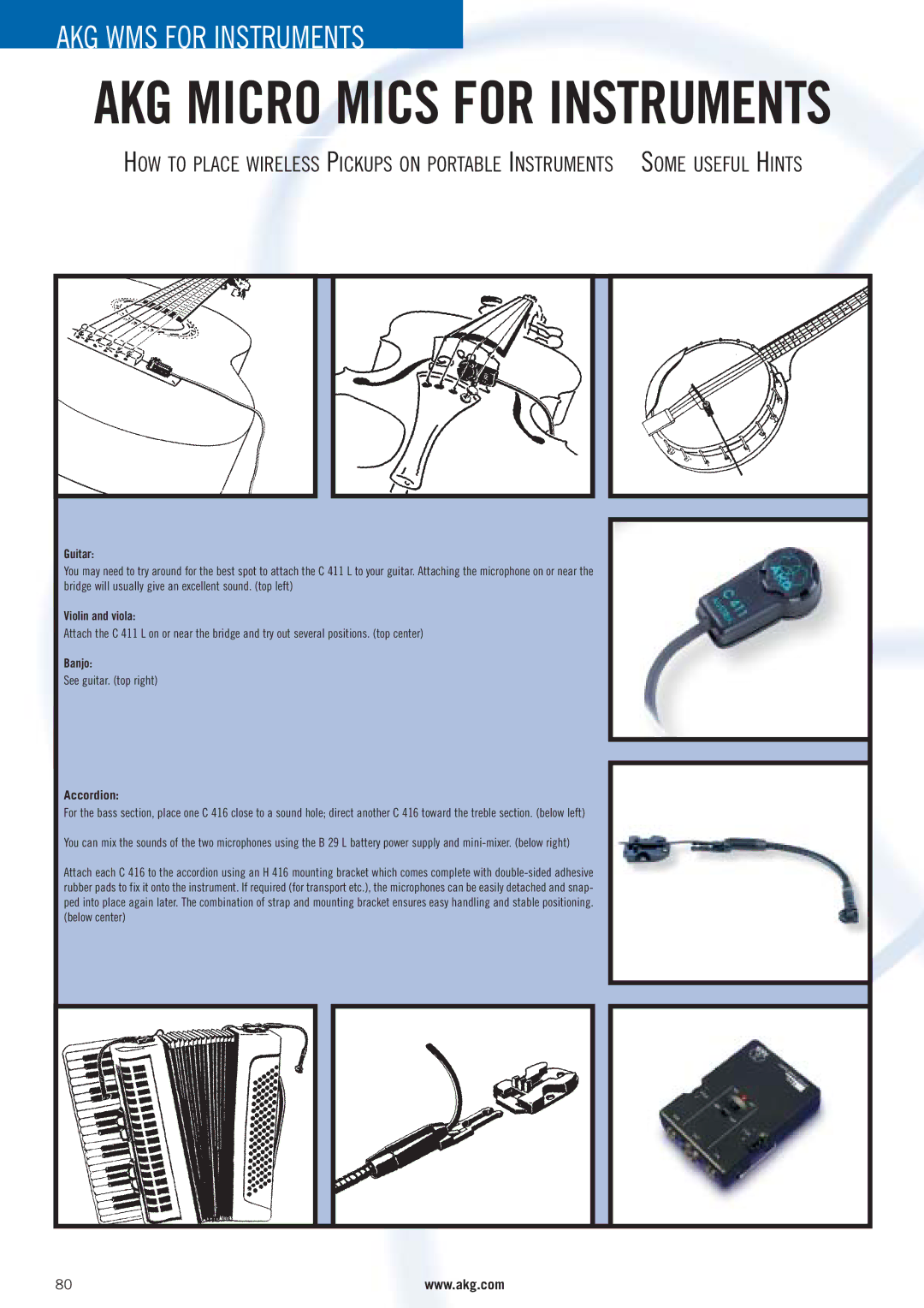 AKG Acoustics WMS 4000 manual Guitar, Violin and viola, Banjo, See guitar. top right, Accordion 