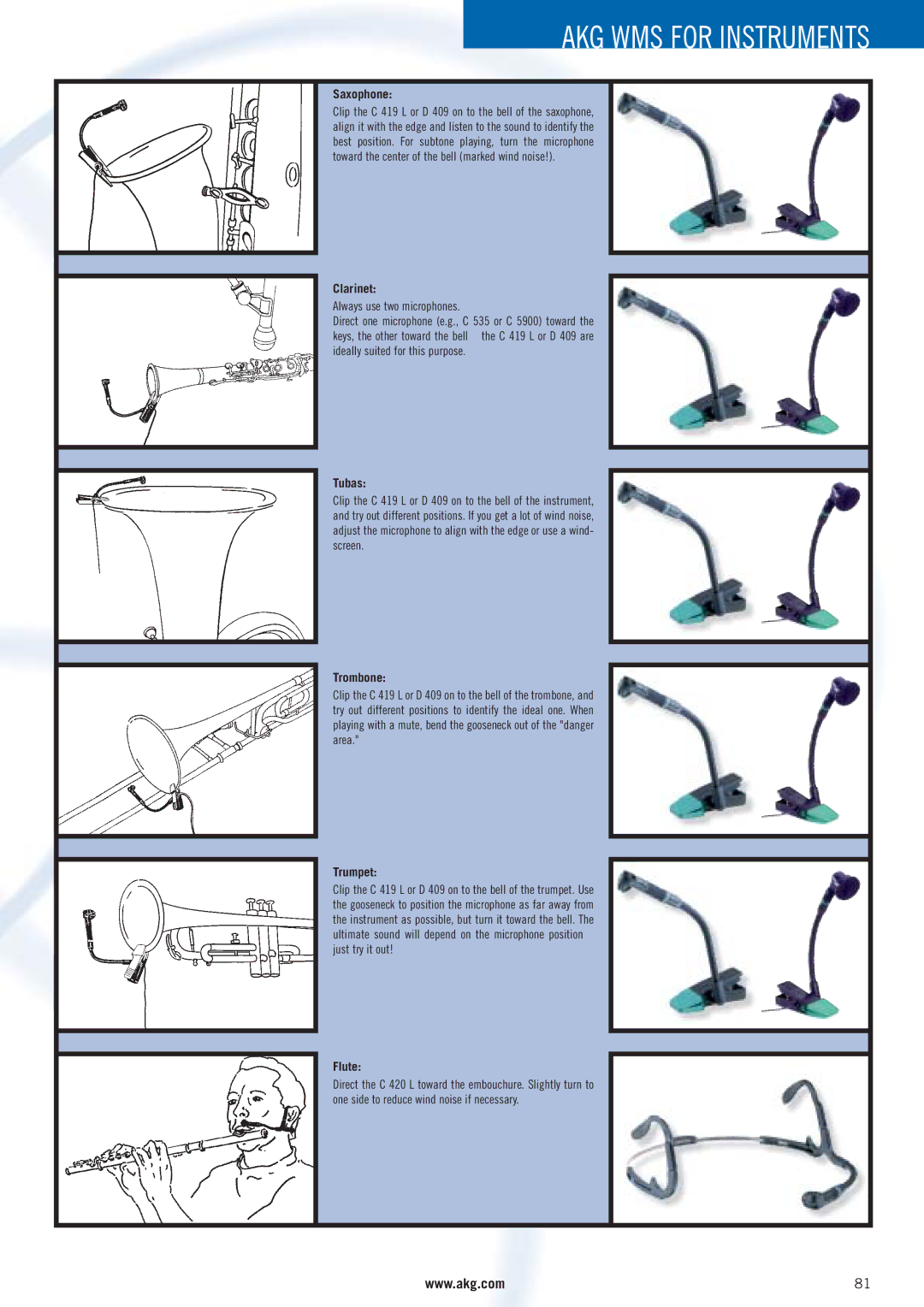 AKG Acoustics WMS 4000 manual Saxophone, Clarinet, Tubas, Trombone, Trumpet, Flute 