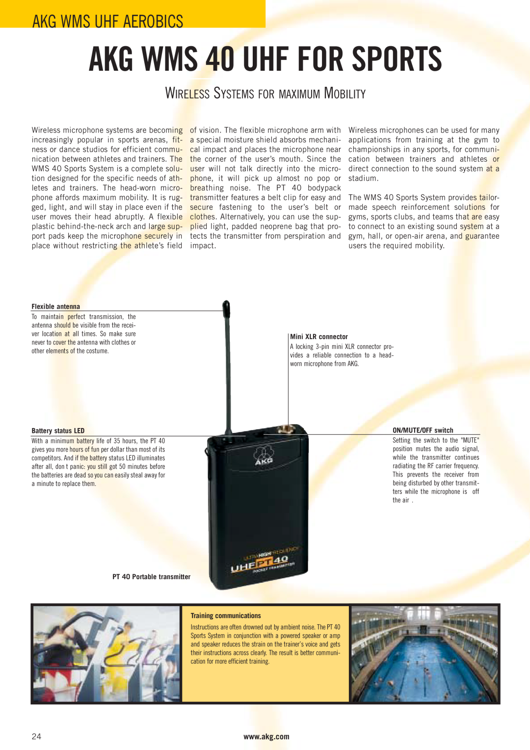 AKG Acoustics WMS 4000 manual AKG WMS 40 UHF FOR SPORTS, Akg Wms Uhf Aerobics, Wireless Systems For Maximum Mobility 