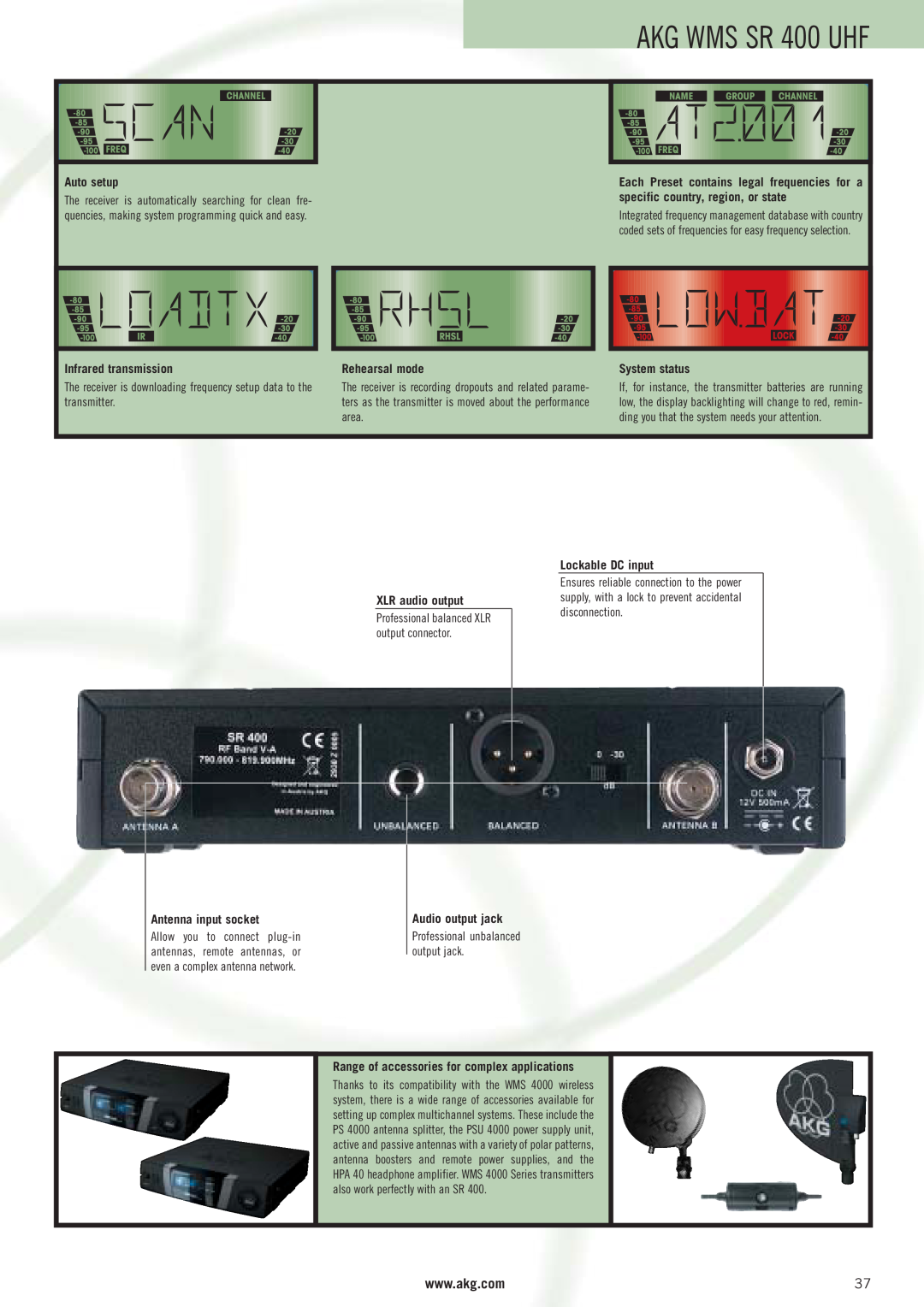 AKG Acoustics WMS 4000 manual AKG WMS SR 400 UHF, Auto setup, Infrared transmission, Rehearsal mode, System status 