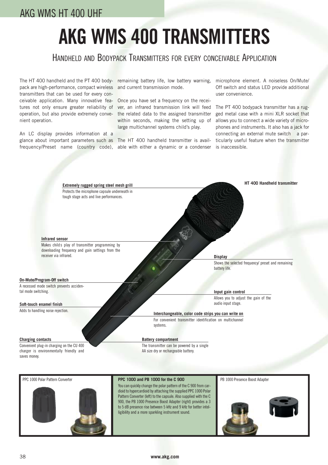 AKG Acoustics WMS 4000 manual AKG WMS HT 400 UHF, Handheld And Bodypack Transmitters For Every Conceivable Application 
