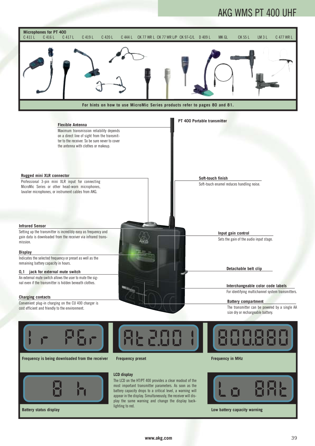 AKG Acoustics WMS 400 manual AKG WMS PT 400 UHF, Microphones for PT, PT 400 Portable transmitter Flexible Antenna, Display 
