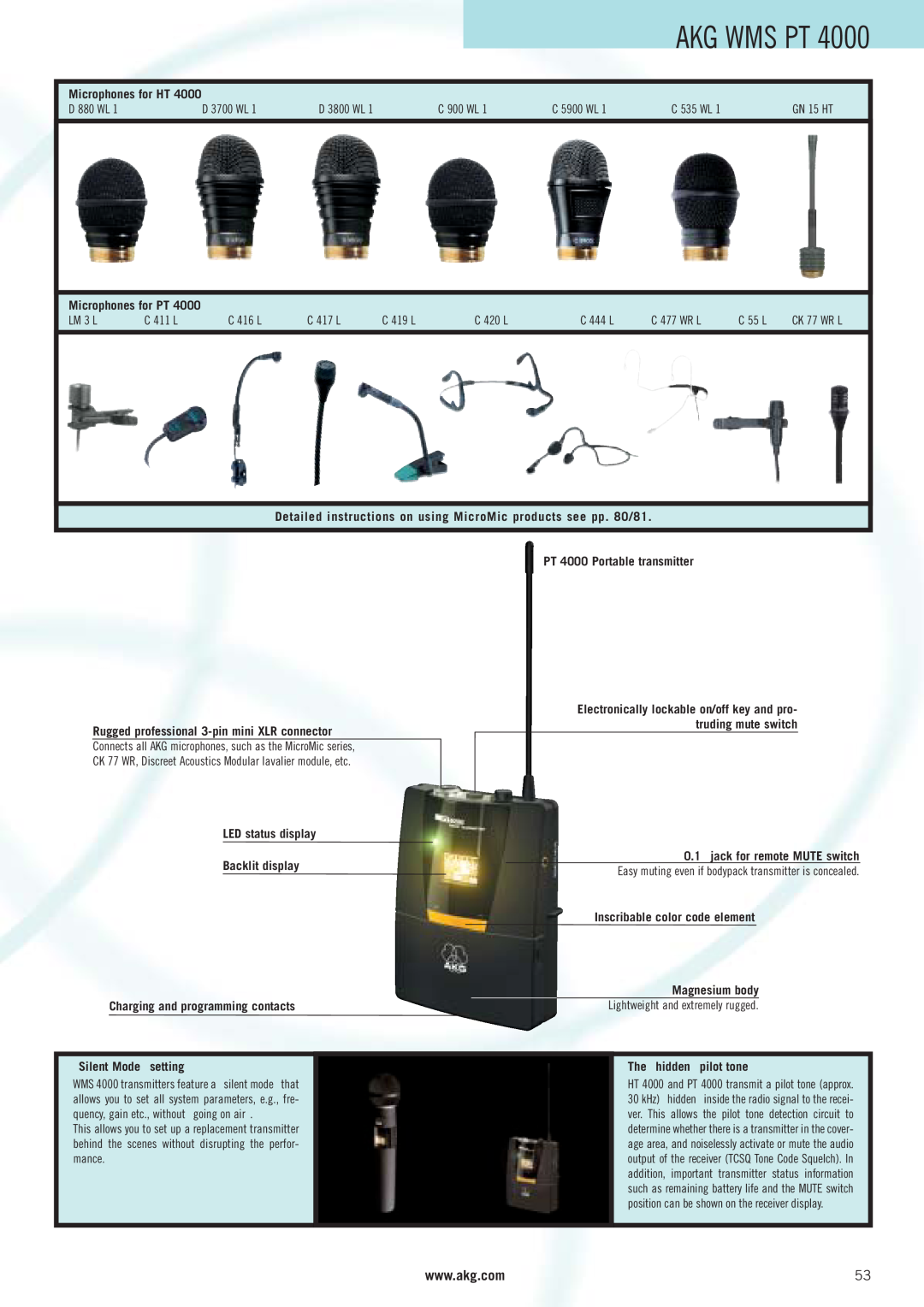 AKG Acoustics WMS 40 manual Akg Wms Pt, Microphones for PT, Detailed instructions on using MicroMic products see pp. 80/81 
