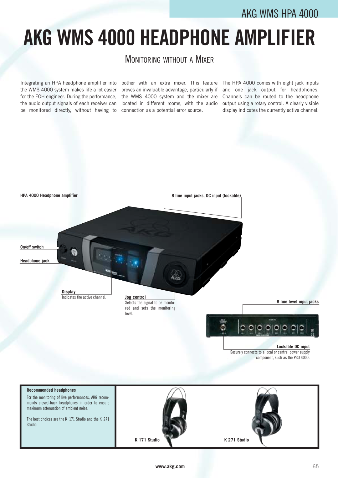 AKG Acoustics manual AKG WMS 4000 HEADPHONE AMPLIFIER, Akg Wms Hpa, Monitoring Without A Mixer, Lockable DC input 