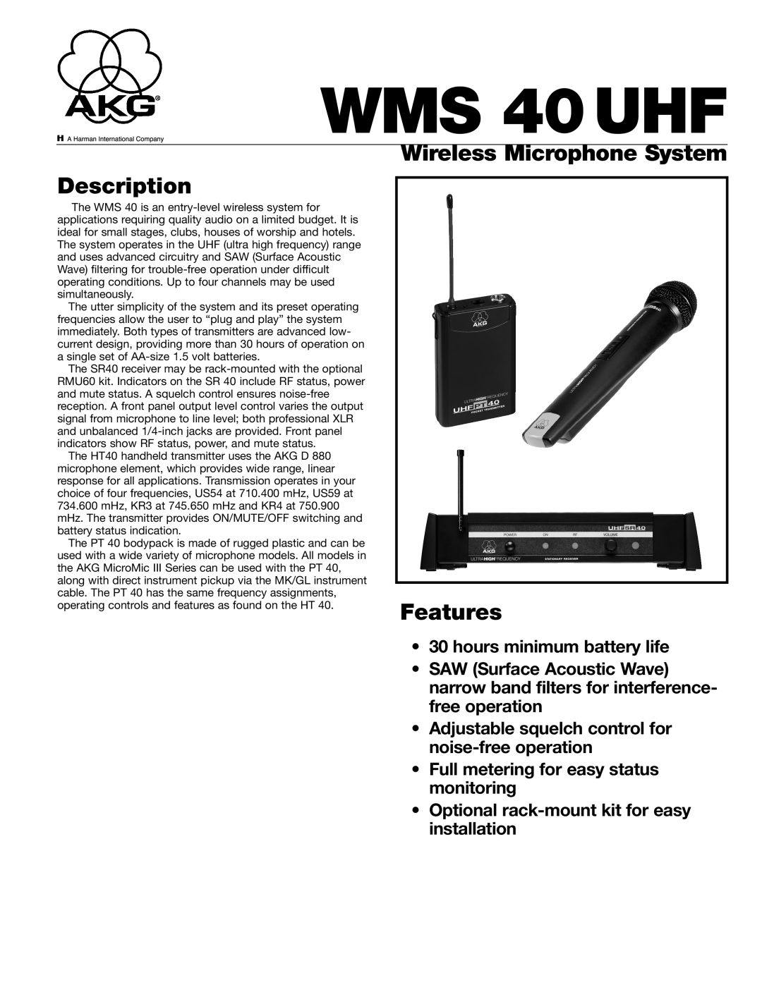 AKG Acoustics WMS 40UHF manual Description, Wireless Microphone System Features 