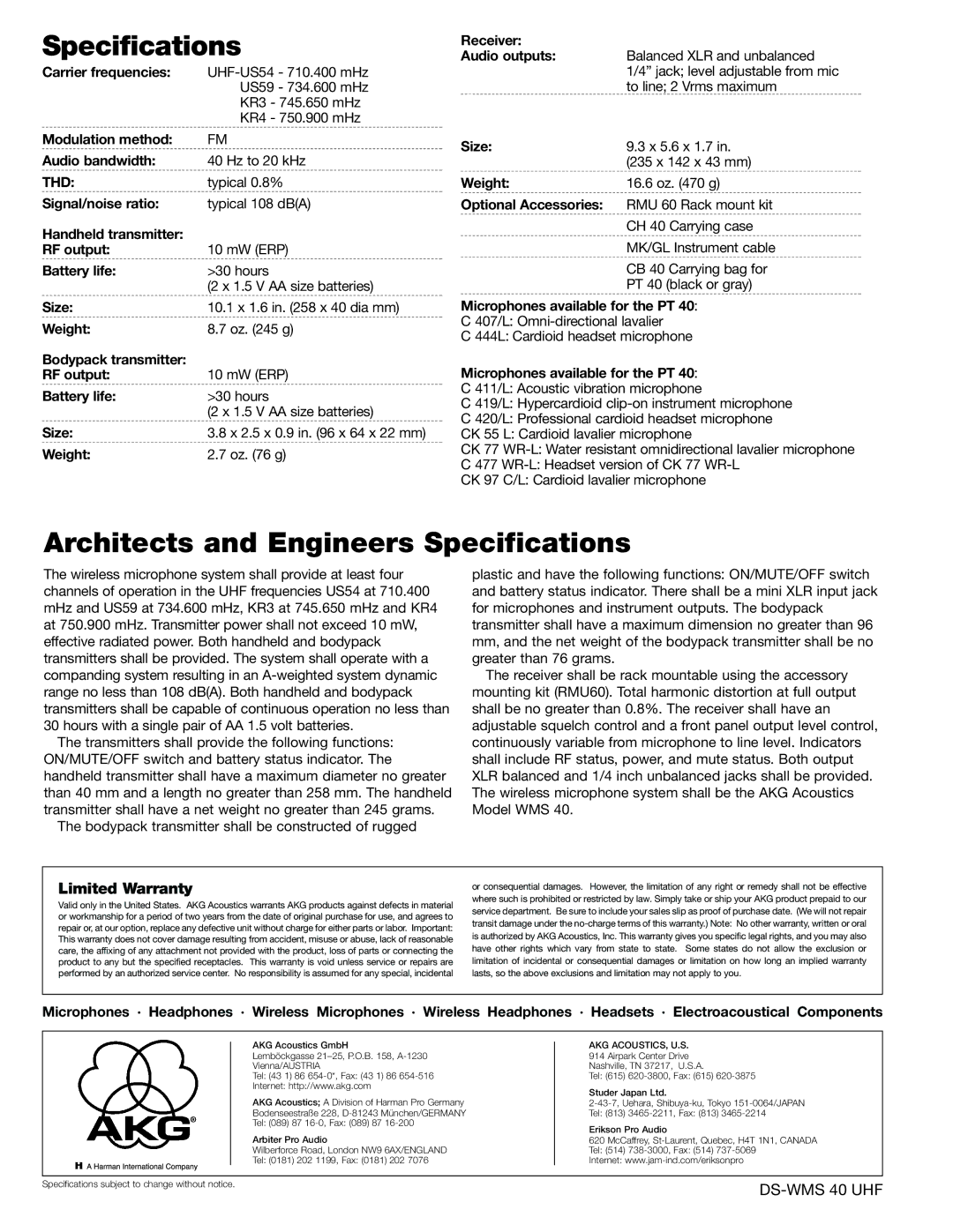 AKG Acoustics WMS 40UHF manual Architects and Engineers Specifications 