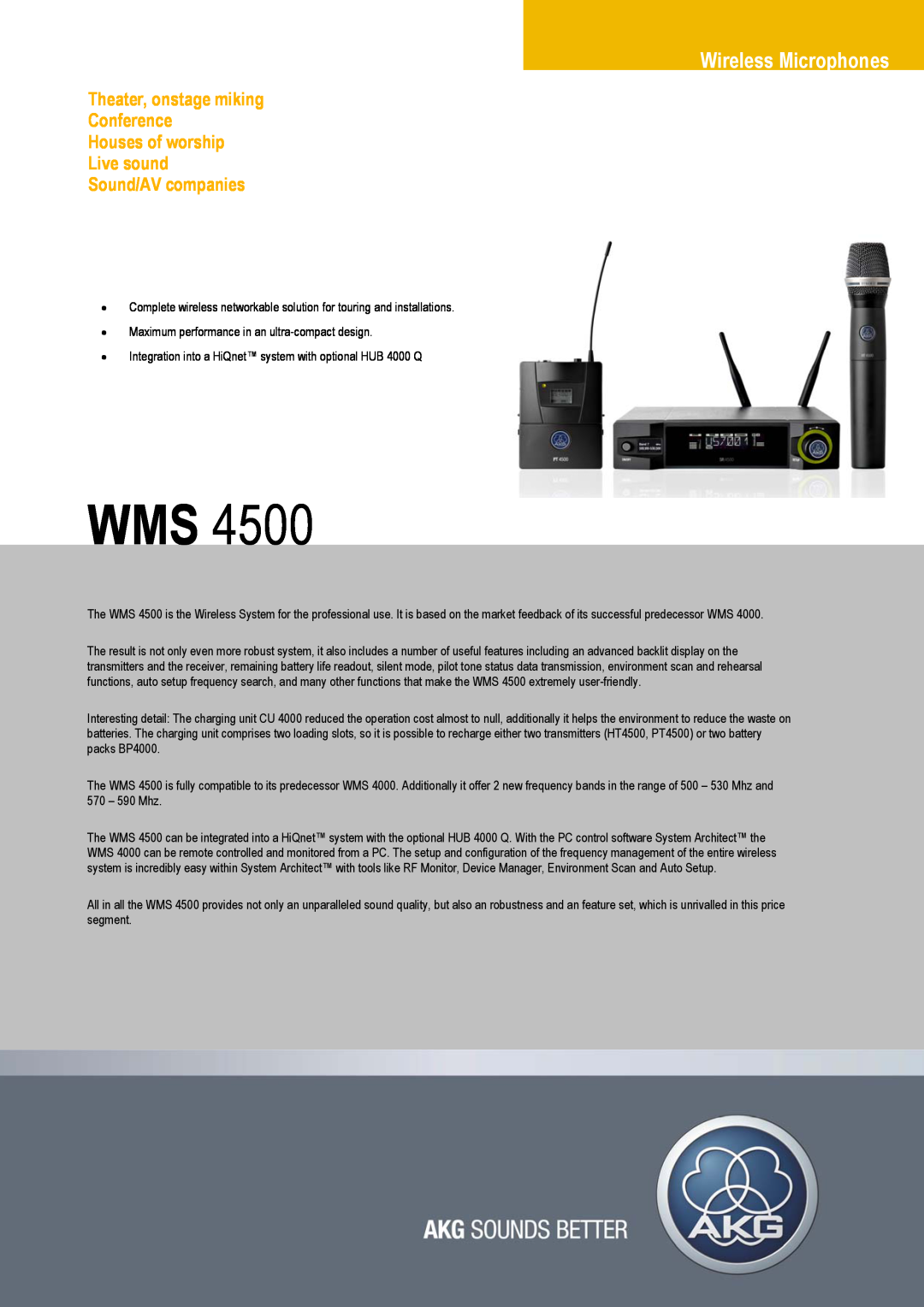 AKG Acoustics WMS 4500 manual Wireless Microphones, Theater, onstage miking Conference Houses of worship Live sound 