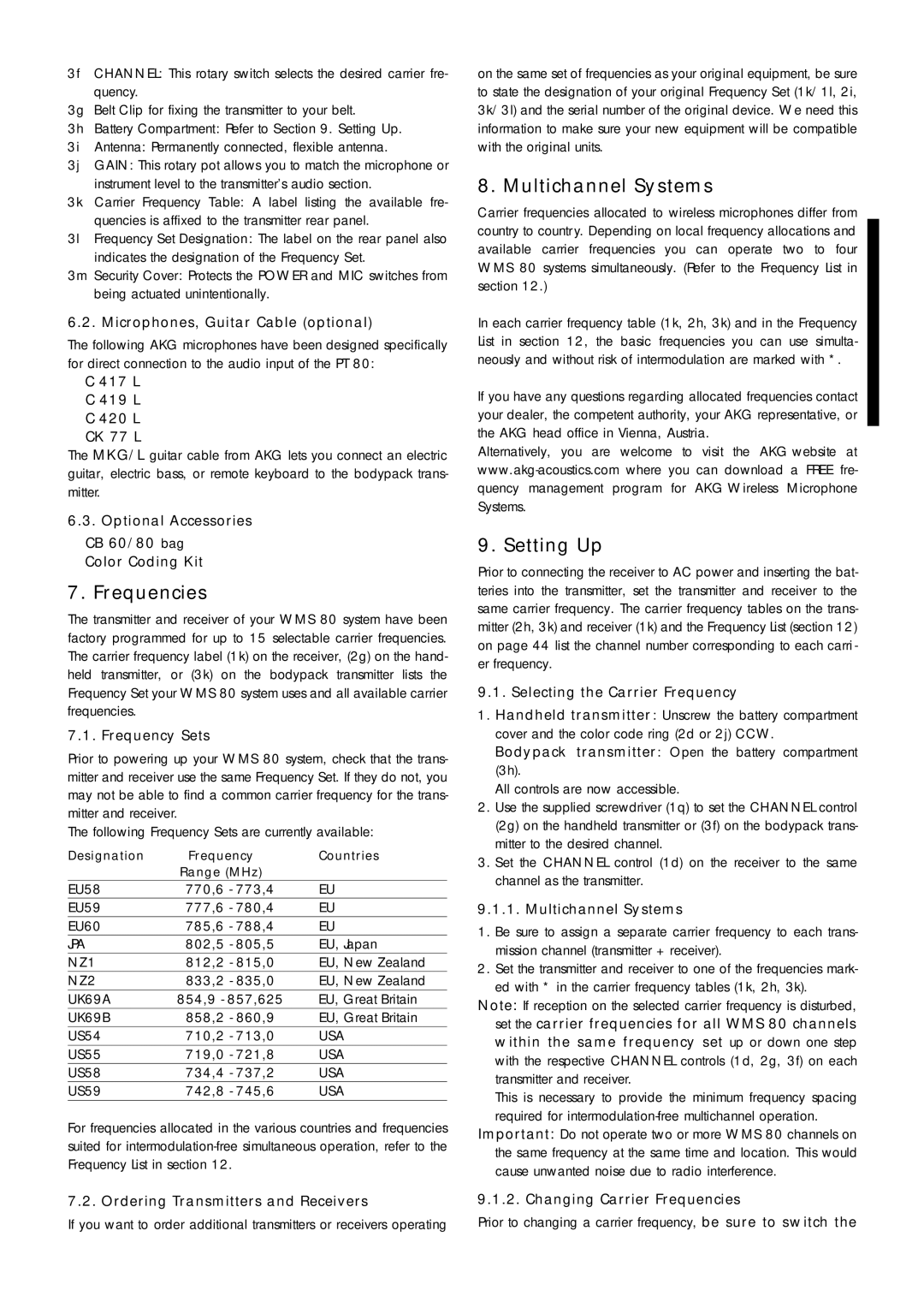 AKG Acoustics WMS 80 manual Frequencies, Multichannel Systems, Setting Up 