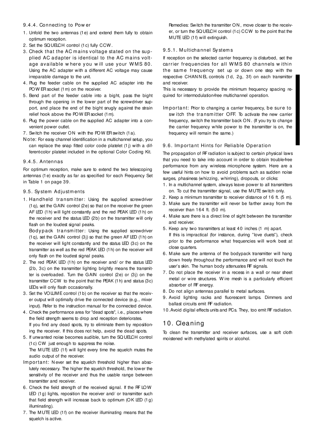 AKG Acoustics WMS 80 Cleaning, Connecting to Power, Antennas, System Adjustments, Important Hints for Reliable Operation 