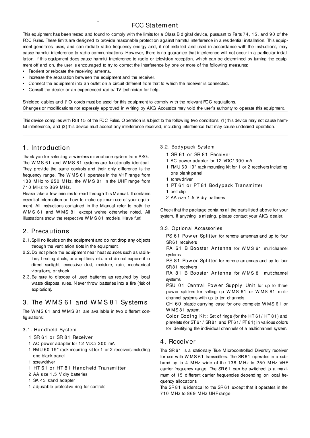 AKG Acoustics manual FCC Statement, Introduction, Precautions, WMS 61 and WMS 81 Systems, Receiver 