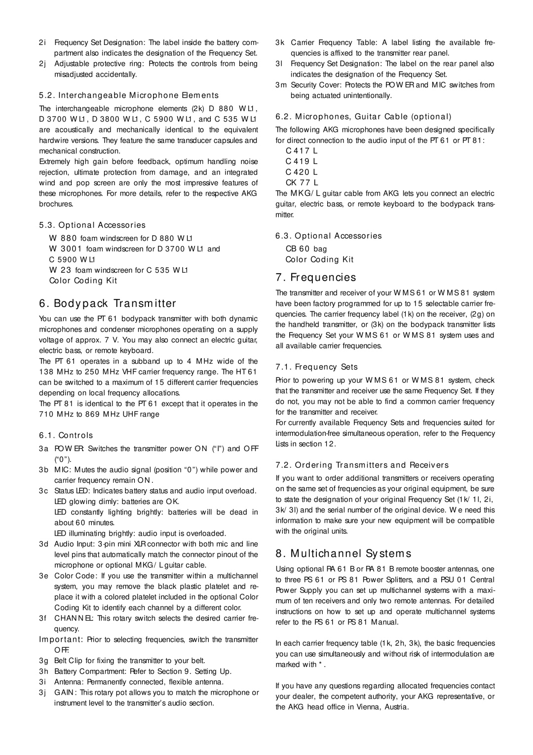AKG Acoustics WMS 81, WMS 61 manual Bodypack Transmitter, Frequencies, Multichannel Systems 