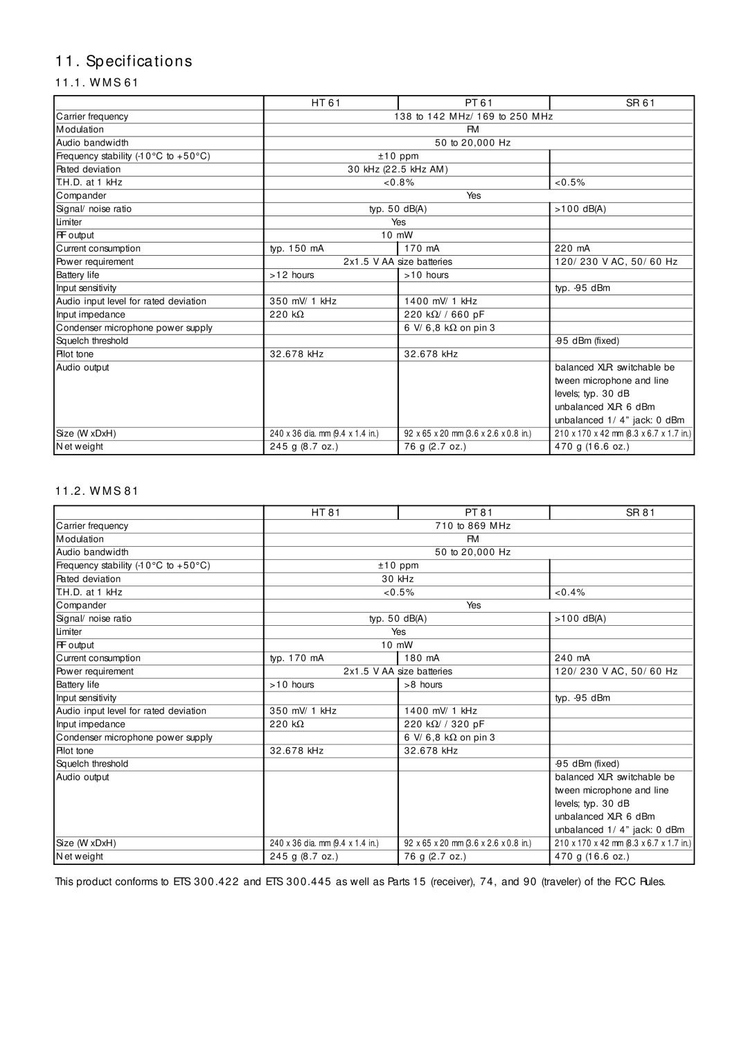 AKG Acoustics WMS 81, WMS 61 manual Specifications, Wms 