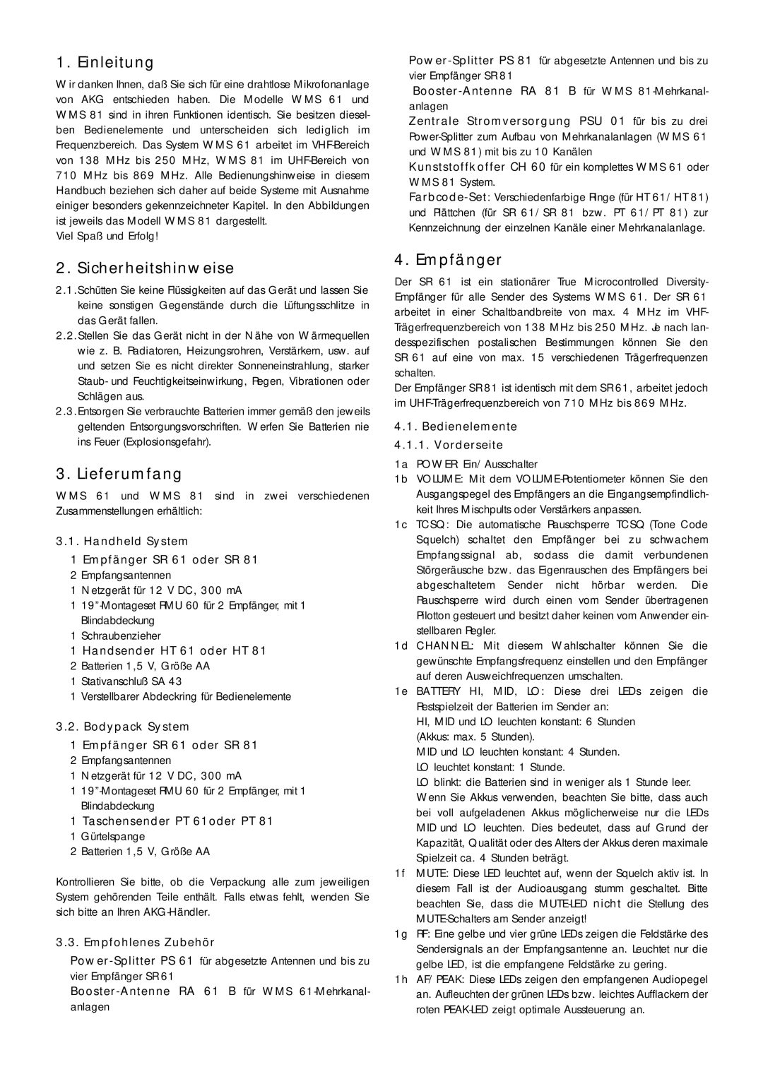 AKG Acoustics WMS 61, WMS 81 manual Einleitung, Sicherheitshinweise, Lieferumfang, Empfänger 