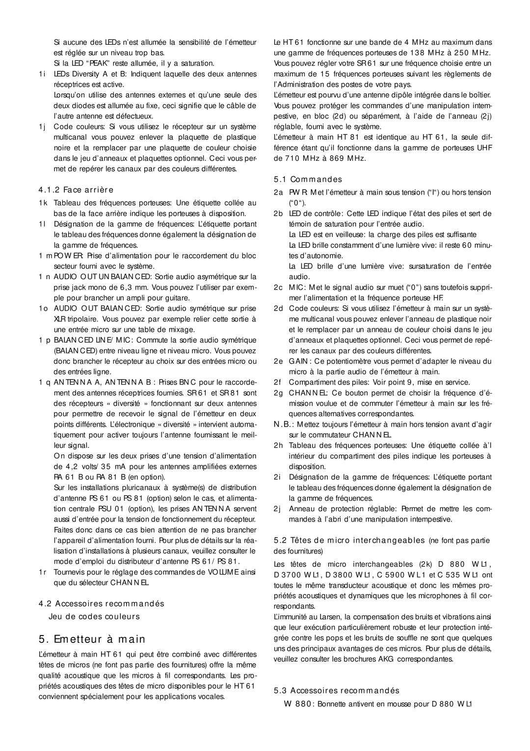 AKG Acoustics WMS 81, WMS 61 manual Emetteur à main, Face arrière, Accessoires recommandés Jeu de codes couleurs, Commandes 