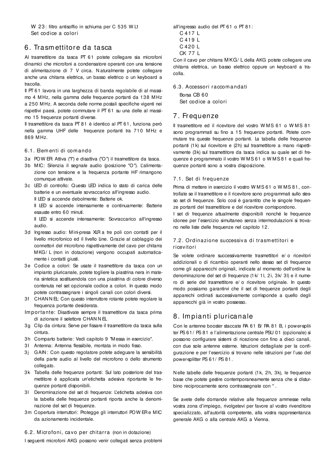 AKG Acoustics WMS 81, WMS 61 manual Trasmettitore da tasca, Frequenze, Impianti pluricanale 