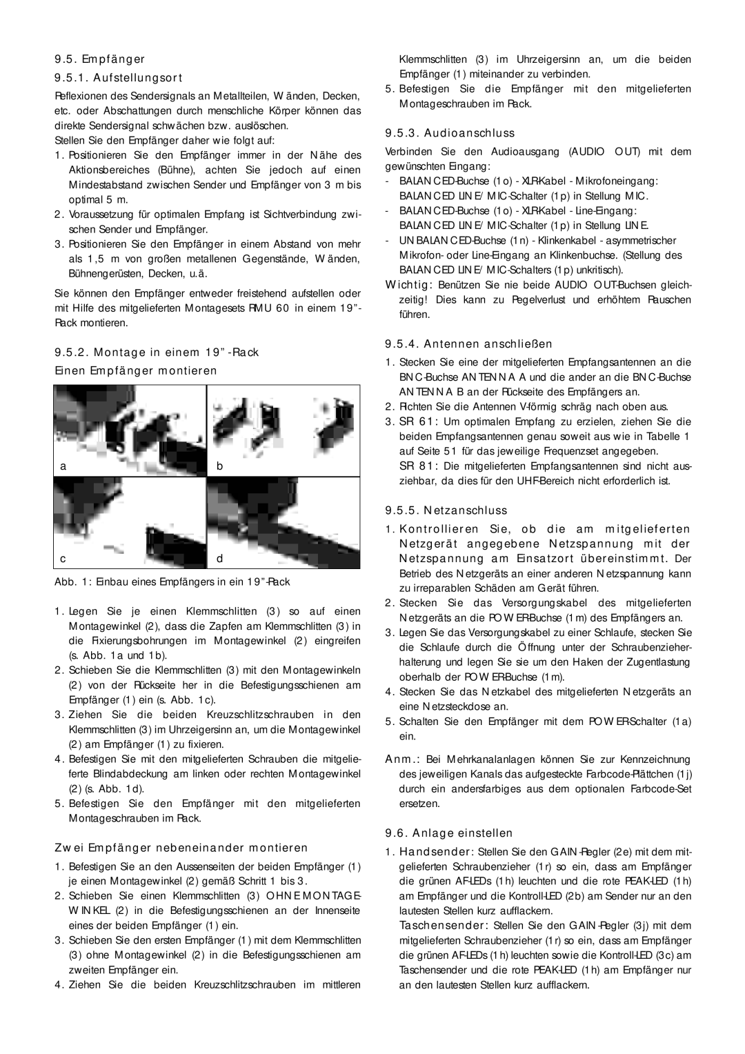AKG Acoustics WMS 61, WMS 81 Empfänger Aufstellungsort, Montage in einem 19-Rack Einen Empfänger montieren, Audioanschluss 