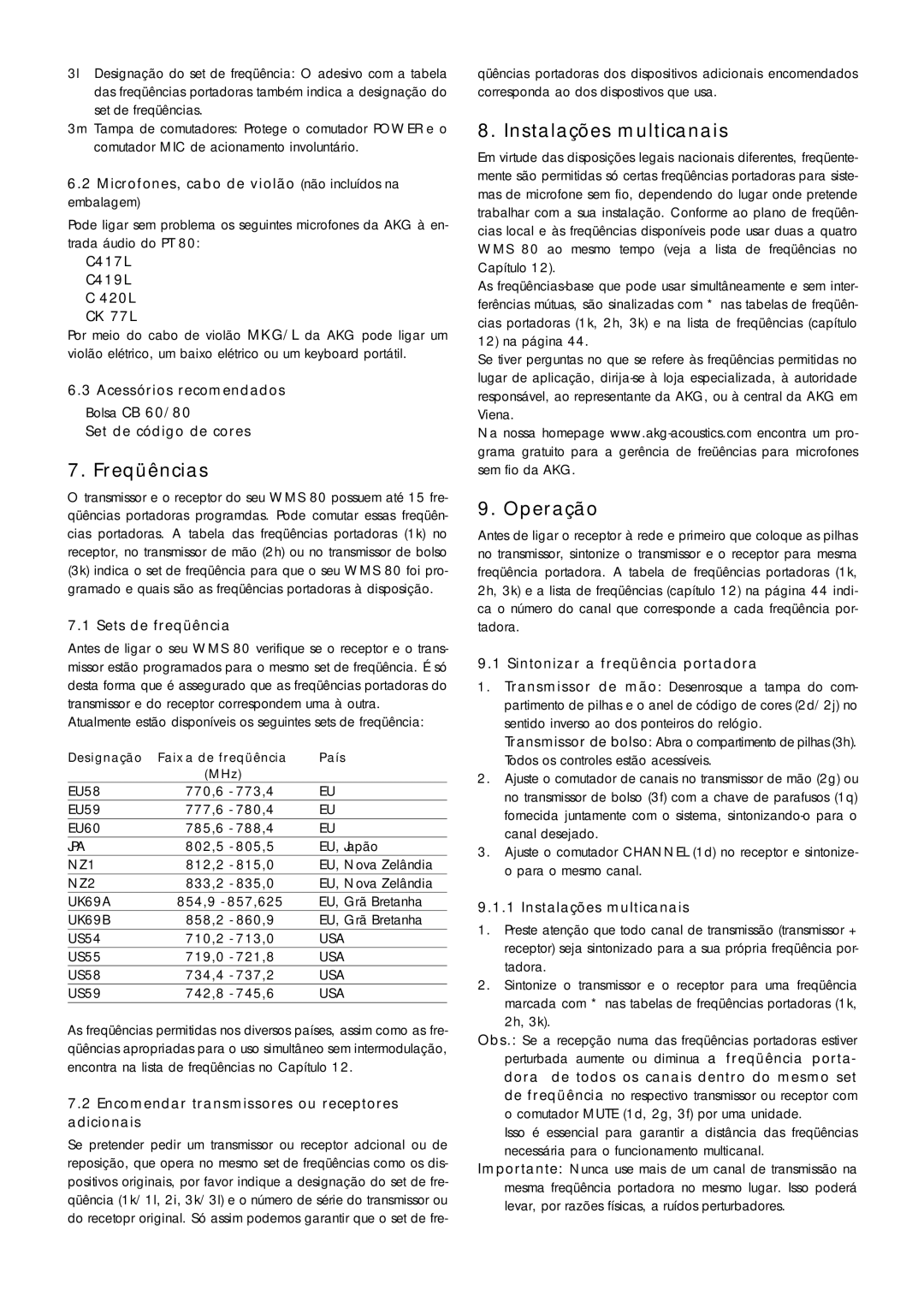 AKG Acoustics WMS 81, WMS 61 manual Freqüências, Instalações multicanais, Operação 