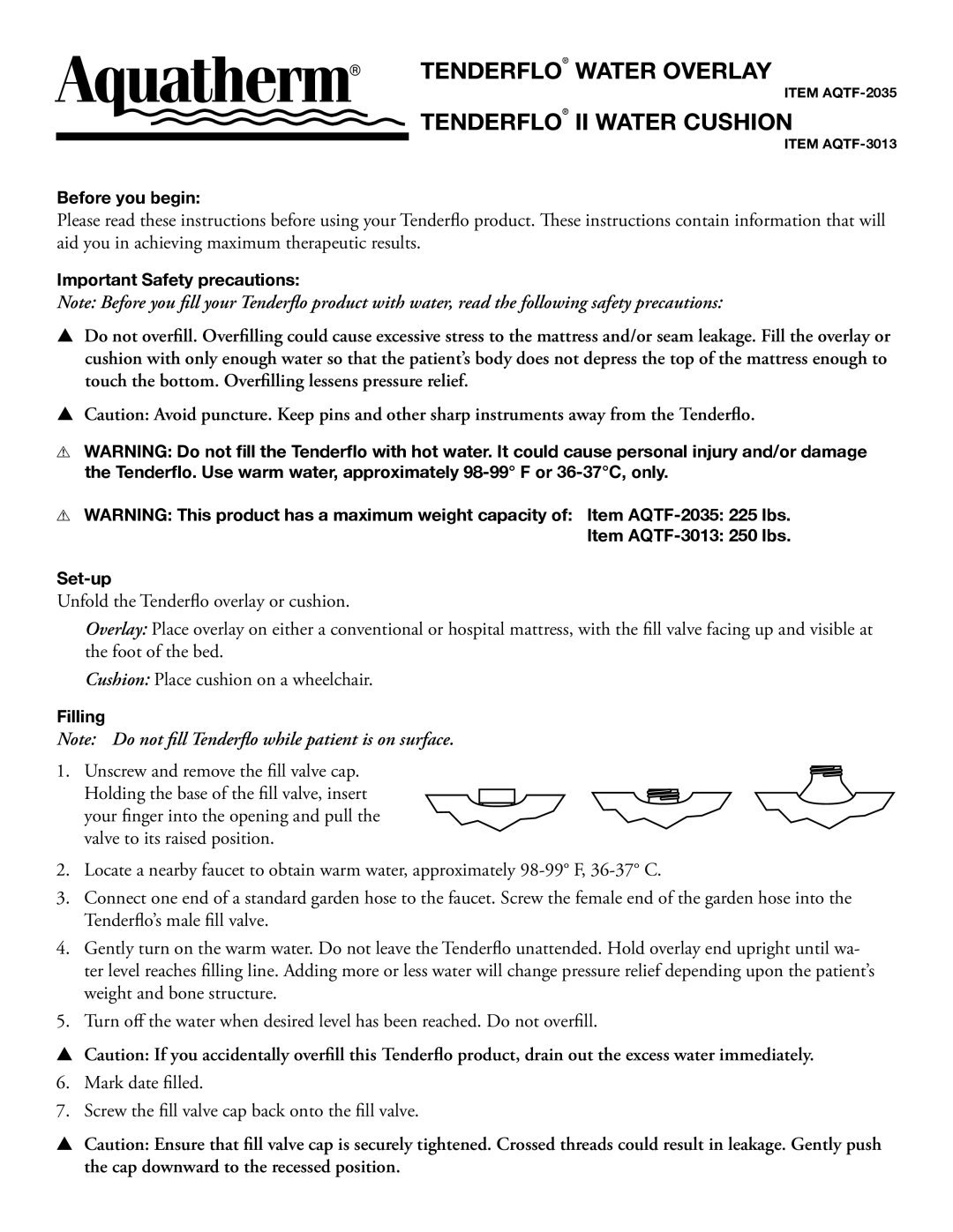 Akros-Aquatherm AQTF-2035, AQTF-3013 manual Tenderflo Water Overlay, Tenderflo II Water Cushion 
