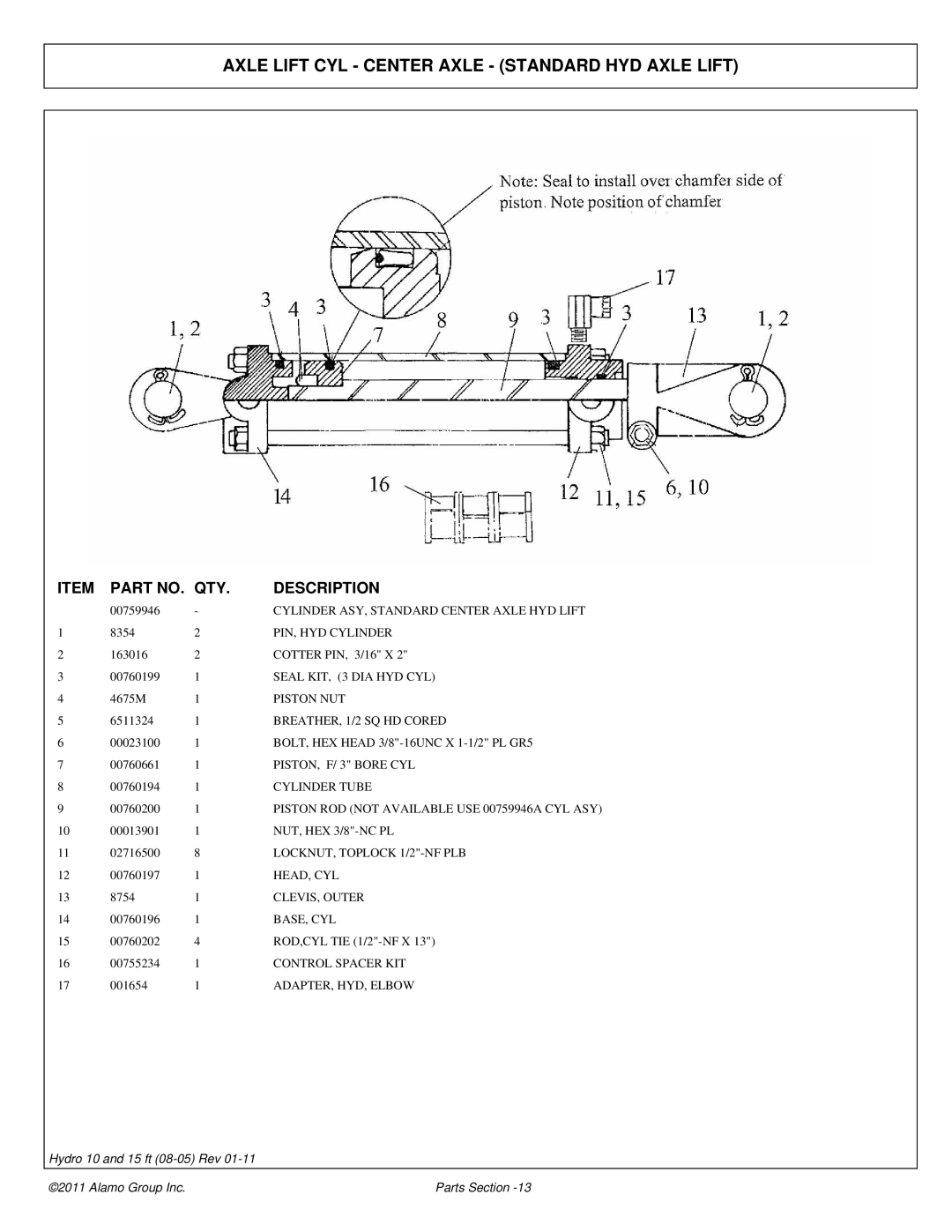 Alamo 00756179P manual Axle Lift CYL Center Axle Standard HYD Axle Lift, Cylinder Tube 