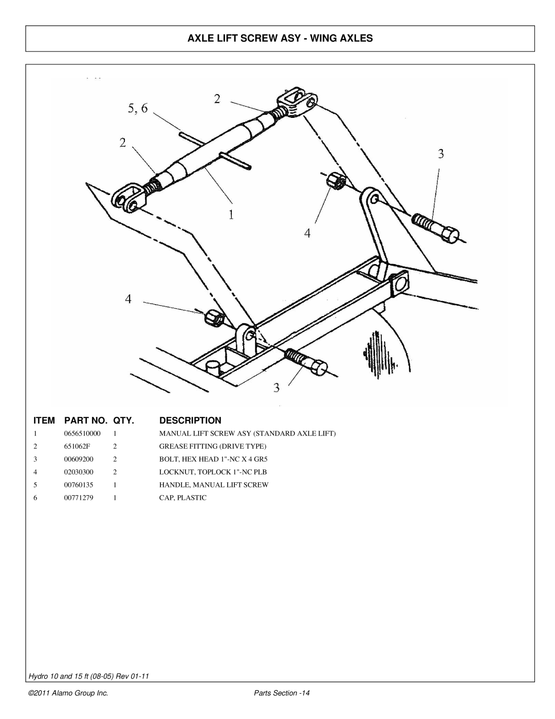 Alamo 00756179P manual Axle Lift Screw ASY Wing Axles 