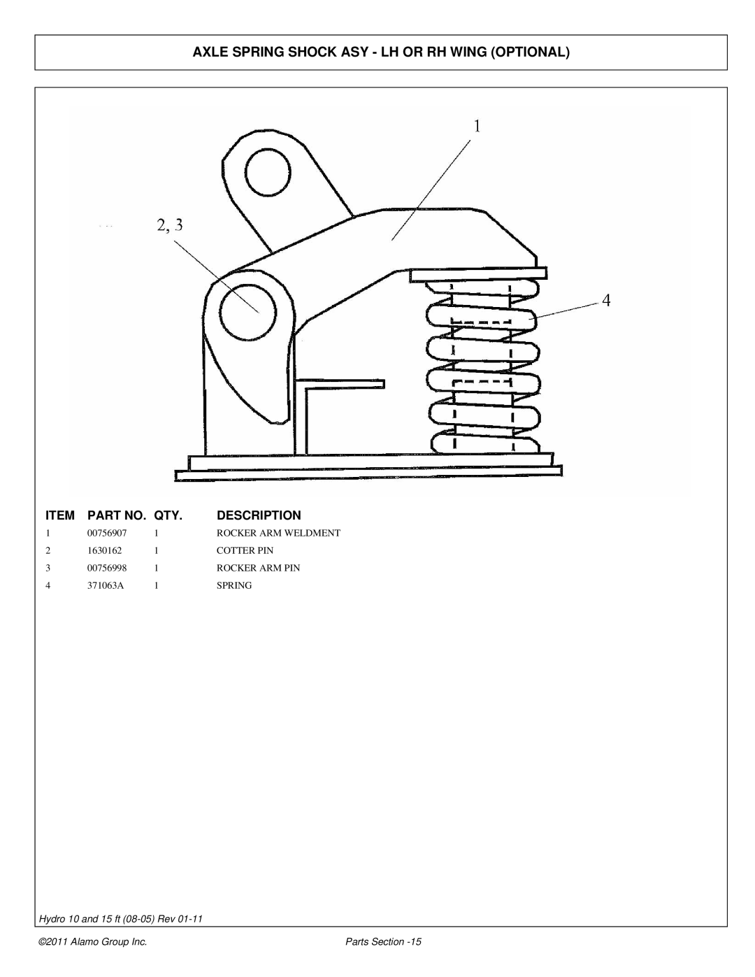 Alamo 00756179P manual Axle Spring Shock ASY LH or RH Wing Optional 