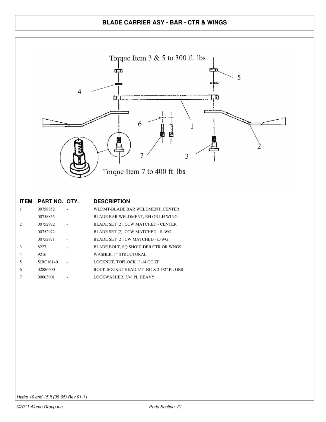 Alamo 00756179P manual Blade Carrier ASY BAR CTR & Wings 