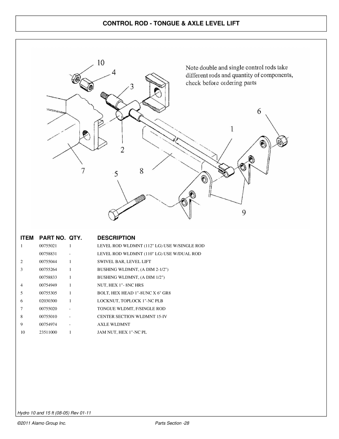 Alamo 00756179P manual Control ROD Tongue & Axle Level Lift 